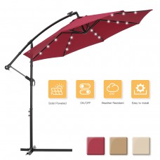 10 FT Solar LED Patio Outdoor Umbrella Hanging Cantilever Umbrella Offset Umbrella Easy Open Adustment with 24 LED Lights