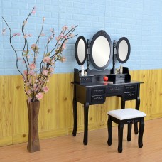 Foldable 3 Mirrors with 7 Drawers Dressing Table - Black