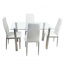 110cm Dining Table Set Tempered Glass Dining Table with 4pcs Chairs Transparent - Creamy White