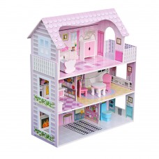 Large Childrens Wooden Dollhouse Kid House Play Pink with Furniture - Pink