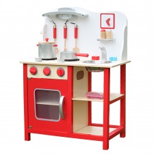 Wood Kitchen Toy Kids Cooking Pretend Play Set with Kitchenware and Clock - Red